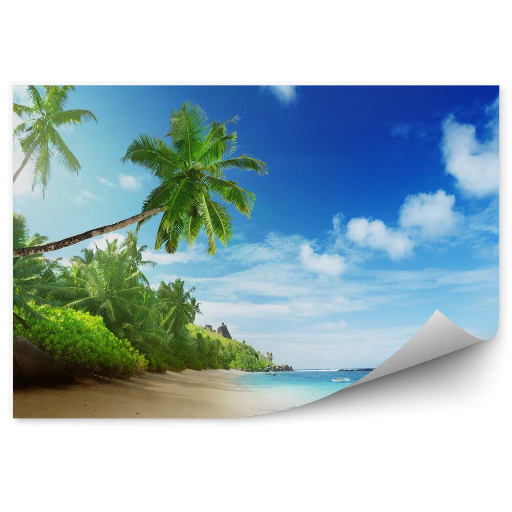 Fotótapéta tengerpart pálmafák óceán ég felhők Seychelle-szigetek