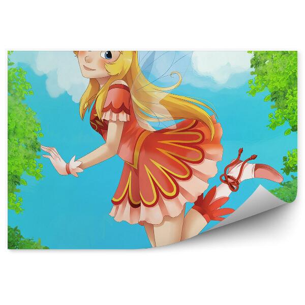 Fotótapéta Tündér manó virágok fa égbolt felhők illusztráció