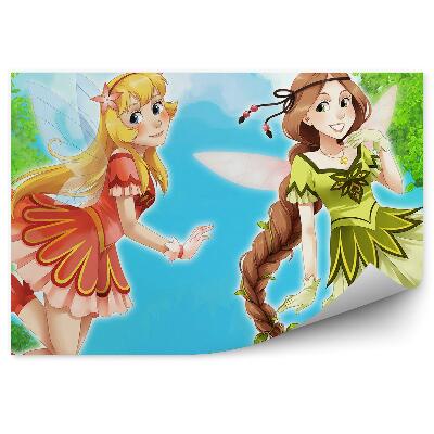 Poszter tapéta Tündér manó virágok fa égbolt felhők illusztráció