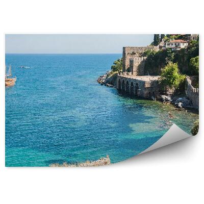 Modern fotótapéta Régi város hajó fák erdő tengeri égbolt felhők