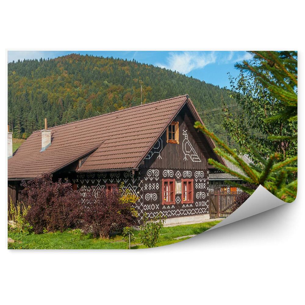 Poszter tapéta festett faházak ég felhők hegyek természet tűlevelű fák