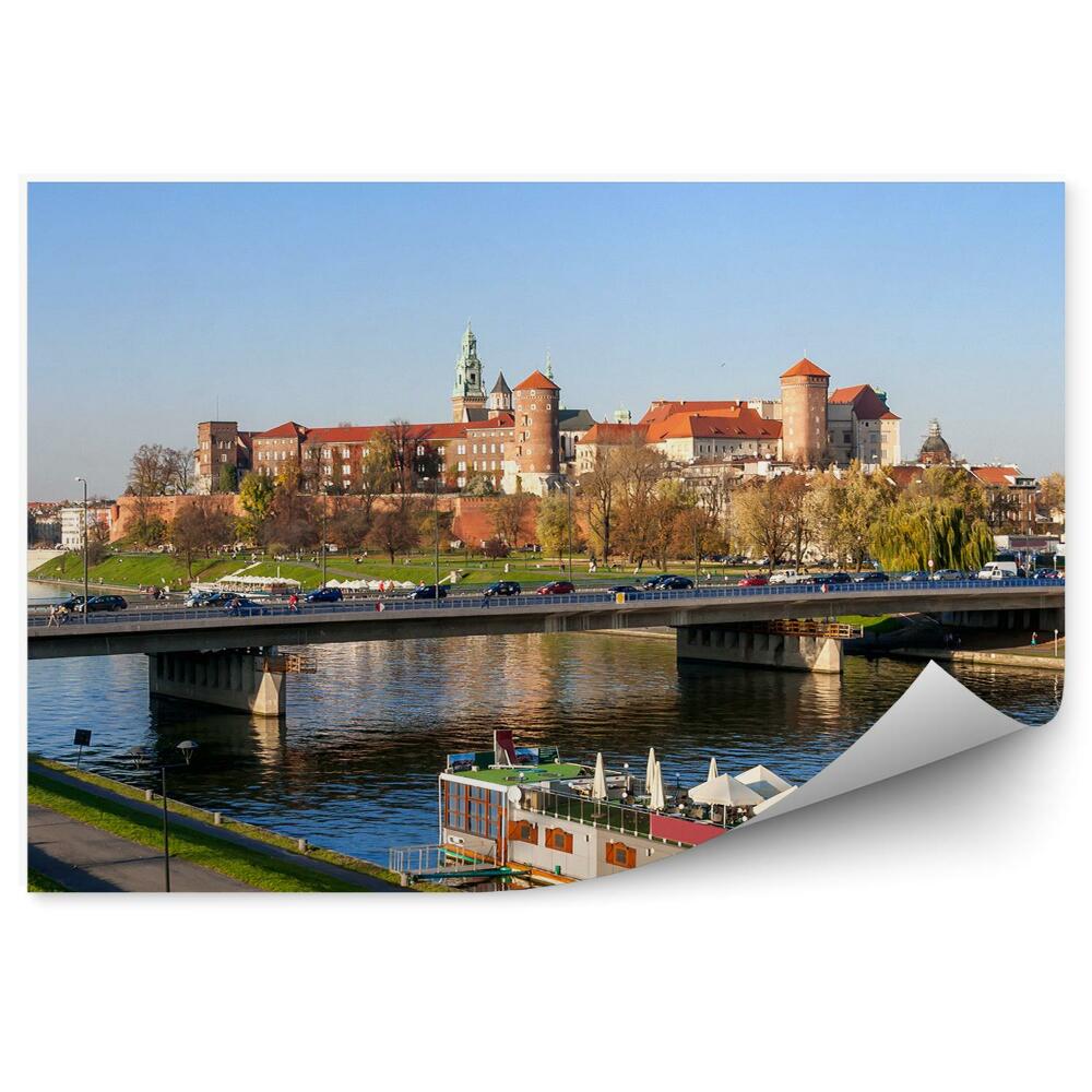 Poszter tapéta Krakkó panoráma híd autók hajó katedrális Wawel folyó Visztula fák