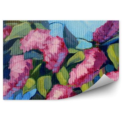 Poszter tapéta Lila virág levelek kékre festett háttér