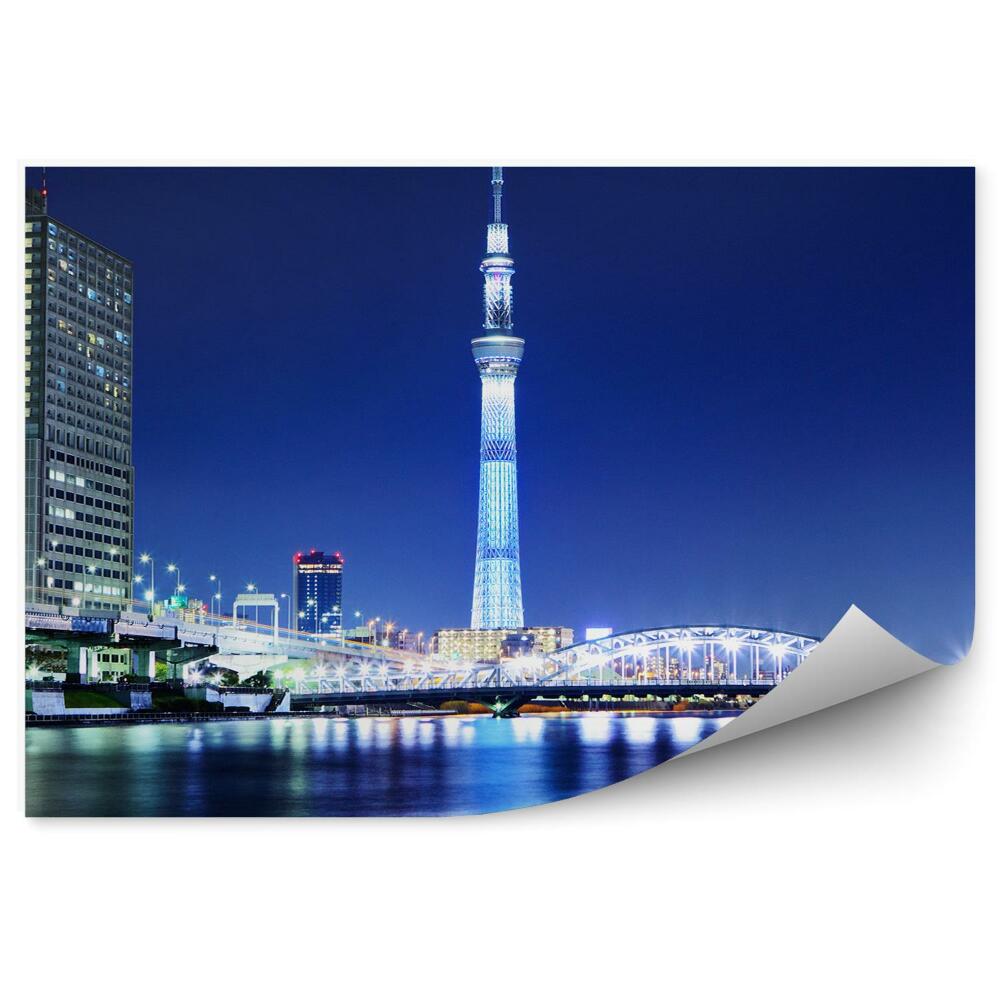 Poszter tapéta felhőkarcolók hidak folyó éjszaka Tokióban