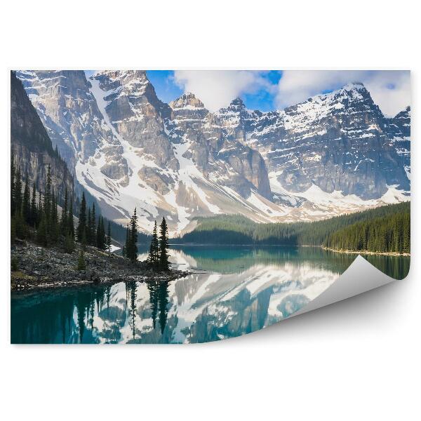 Öntapadós fotótapéta falra Kanada hegyek hó tél tűlevelű fák sziklák tó hegyi égbolt felhők