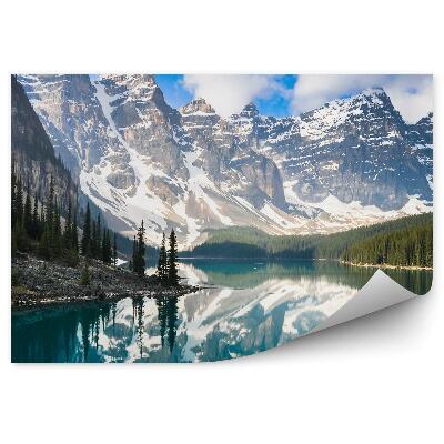 Öntapadós fotótapéta falra Kanada hegyek hó tél tűlevelű fák sziklák tó hegyi égbolt felhők