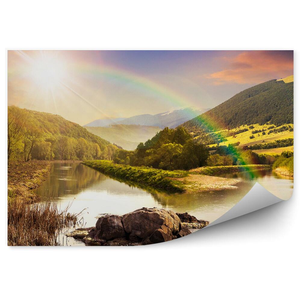 Öntapadós fotótapéta falra Hegyek erdő fák folyó szivárvány naplemente ég felhők természet