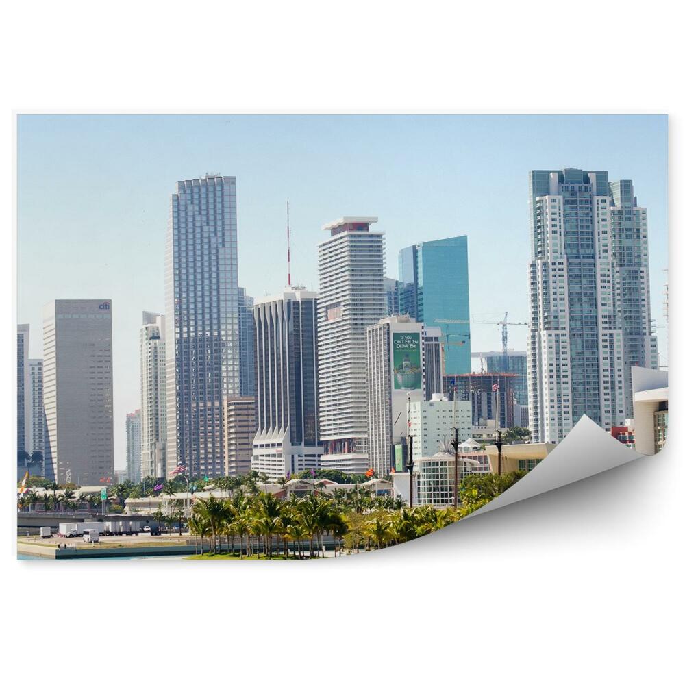 Modern fotótapéta Felhőkarcolók pálmafák óceán híd ég Miami belvárosában