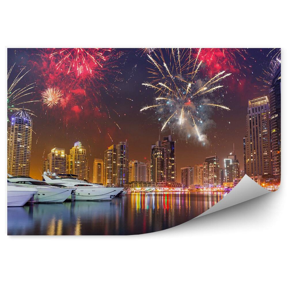 Fotótapéta felhőkarcolók jachtok fények tűzijáték fények Dubai