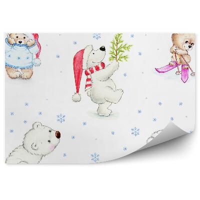 Fotótapéta Mikulás mackó téli sílécek karácsonyfa