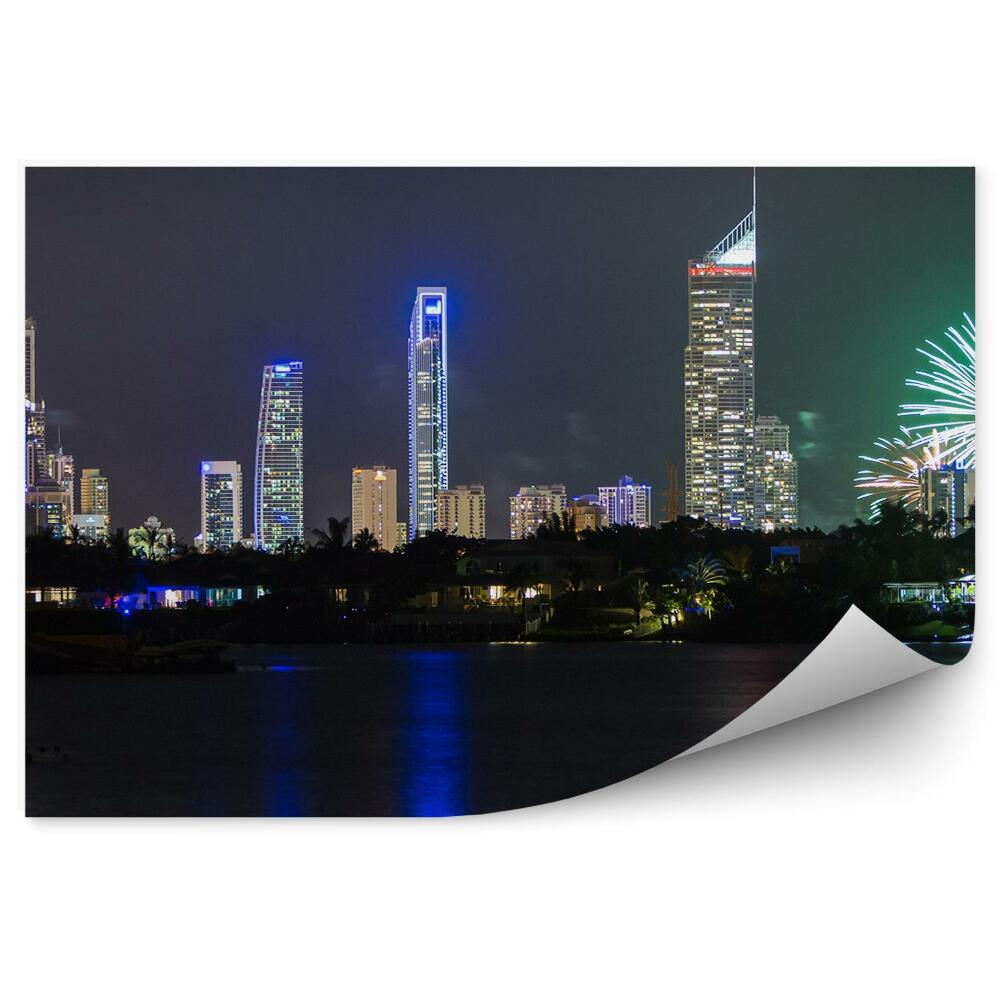 Fotótapéta felhőkarcolók óceán fák tűzijáték Ausztrália fények