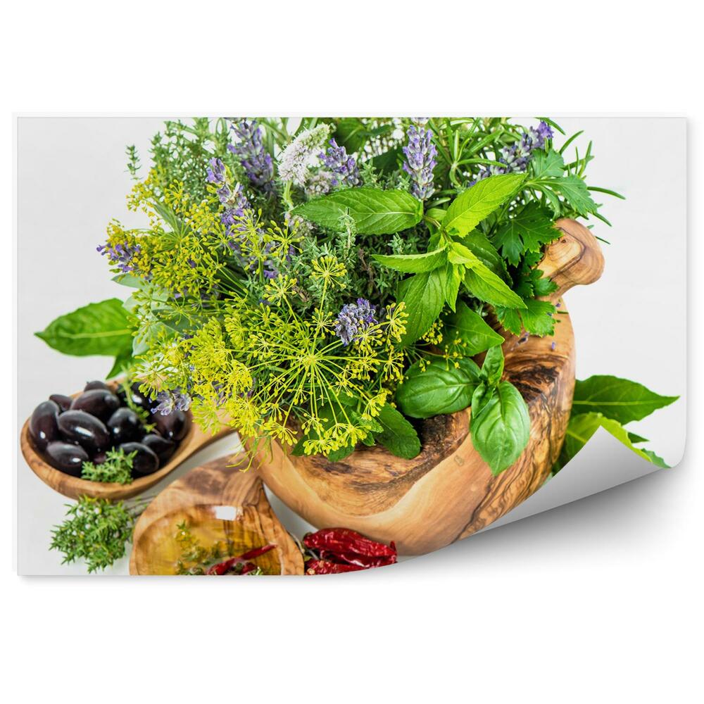 Modern Fotótapéta Friss gyógynövények és fűszerek olíva levelek fehér háttér