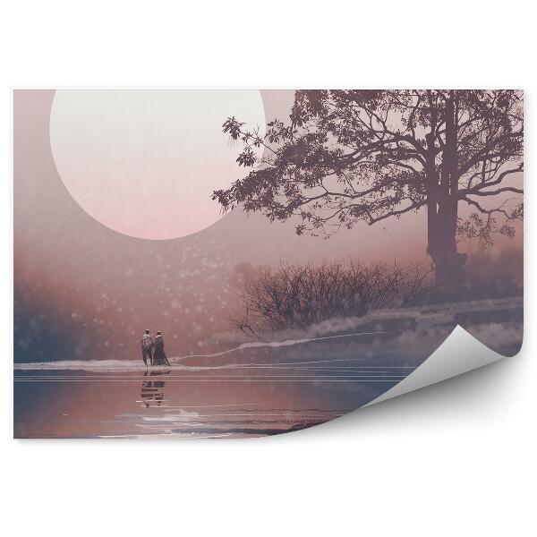 Öntapadós fotótapéta falra Szerelem pár téli táj fák hatalmas hold