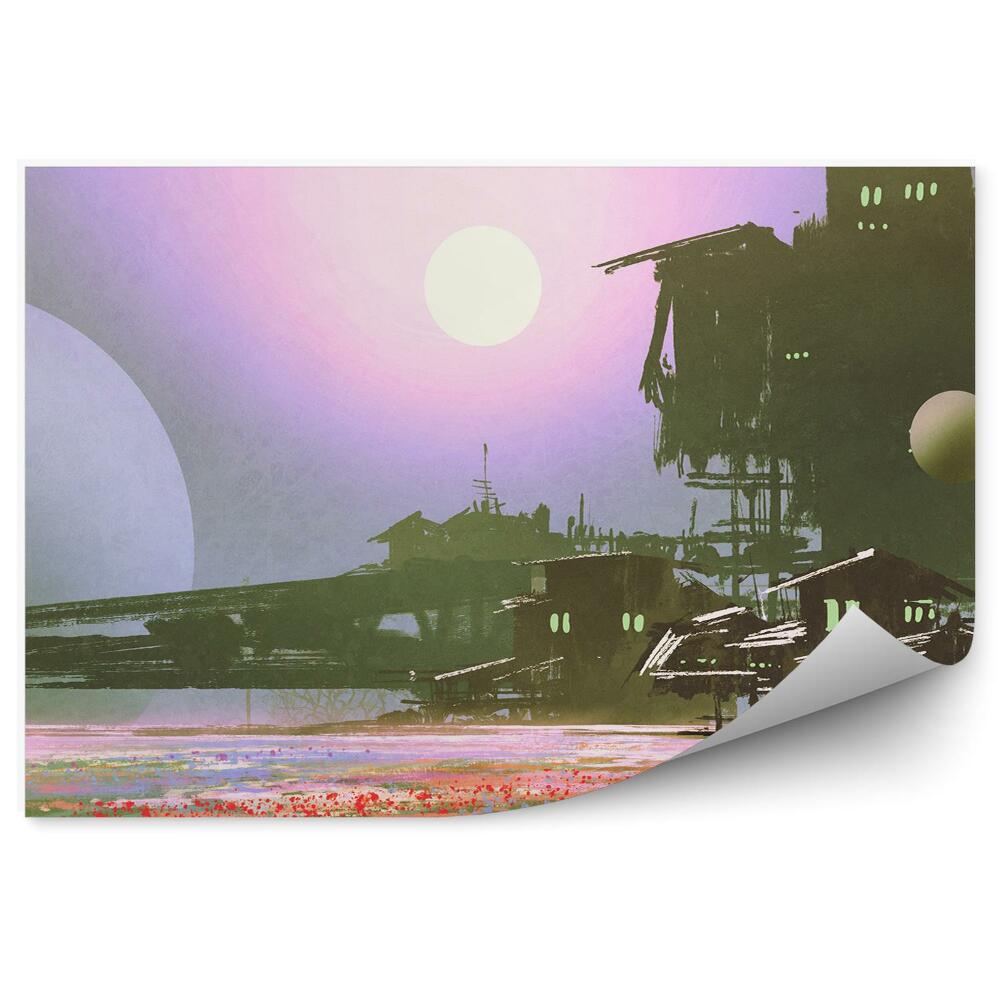 Öntapadó fotótapéta Gyárak ipar mezők virágok hold sci-fi