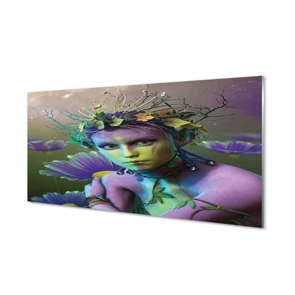 Lila elf nő virágokkal Üvegfotó