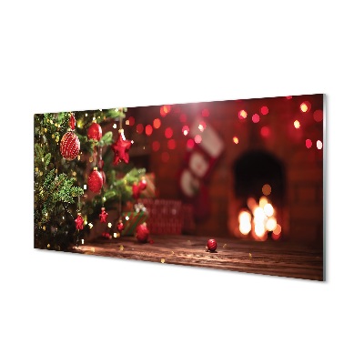 Karácsonyfa, a háttérben a kandalló Üvegkép