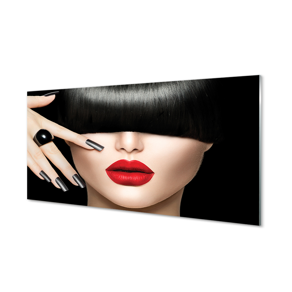 Nő vastag frufru vörös ajkak Üvegkép nyomtatás