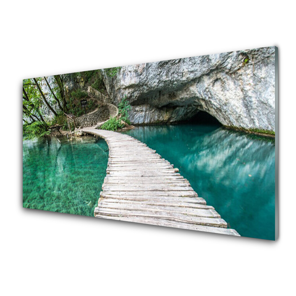 Modern Üvegkép Híd a tó és a barlang felett