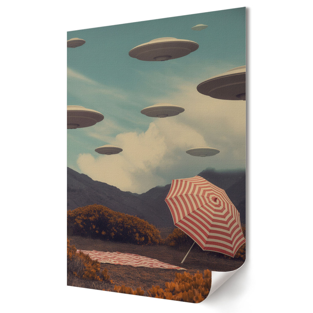Plakát poszter UFO egy békés táj felett esernyővel