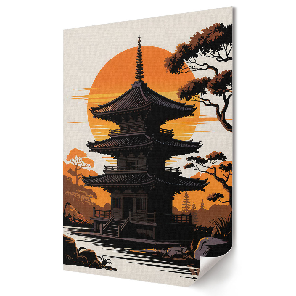 Plakát poszter Japán pagoda a lenyugvó napban