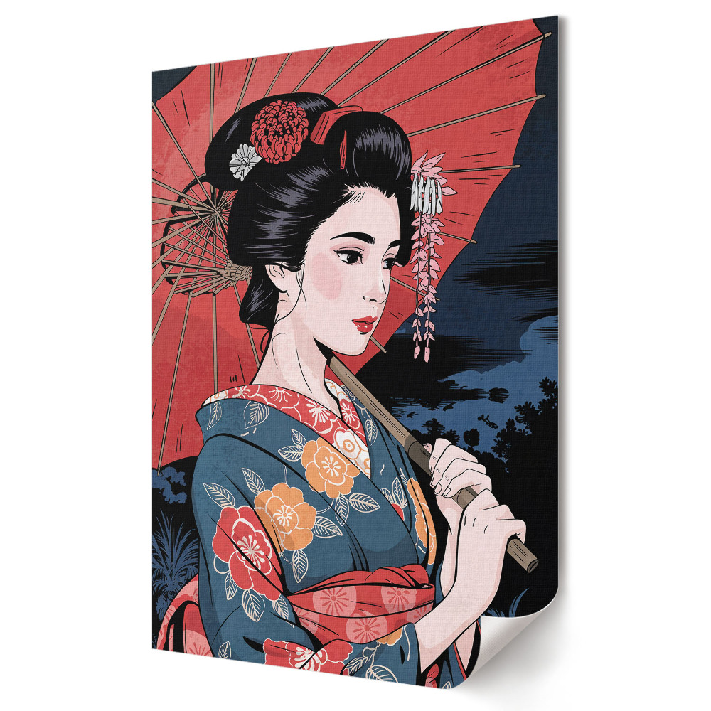 Plakát poszter Japán szépség esernyővel éjszaka
