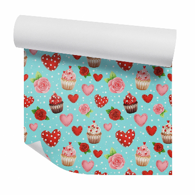 Modern tapéta Cukorka szívek és pöttyös cupcakes