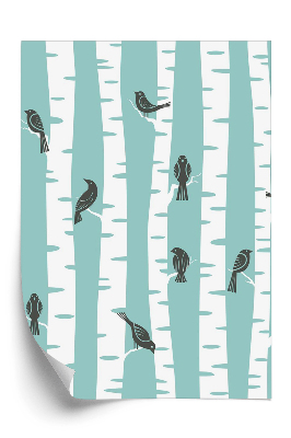 Tapéta Erdő és madarak kék alapon
