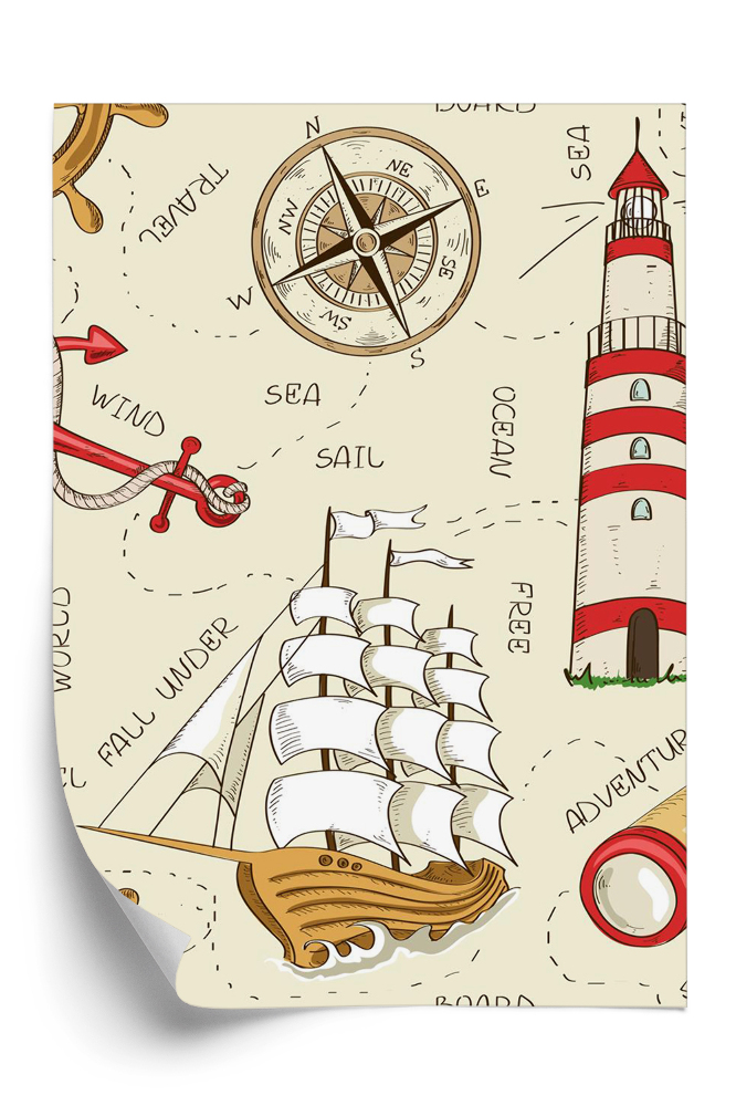 Öntapadó tapéta Tengeri hajó világítótorony ikonok