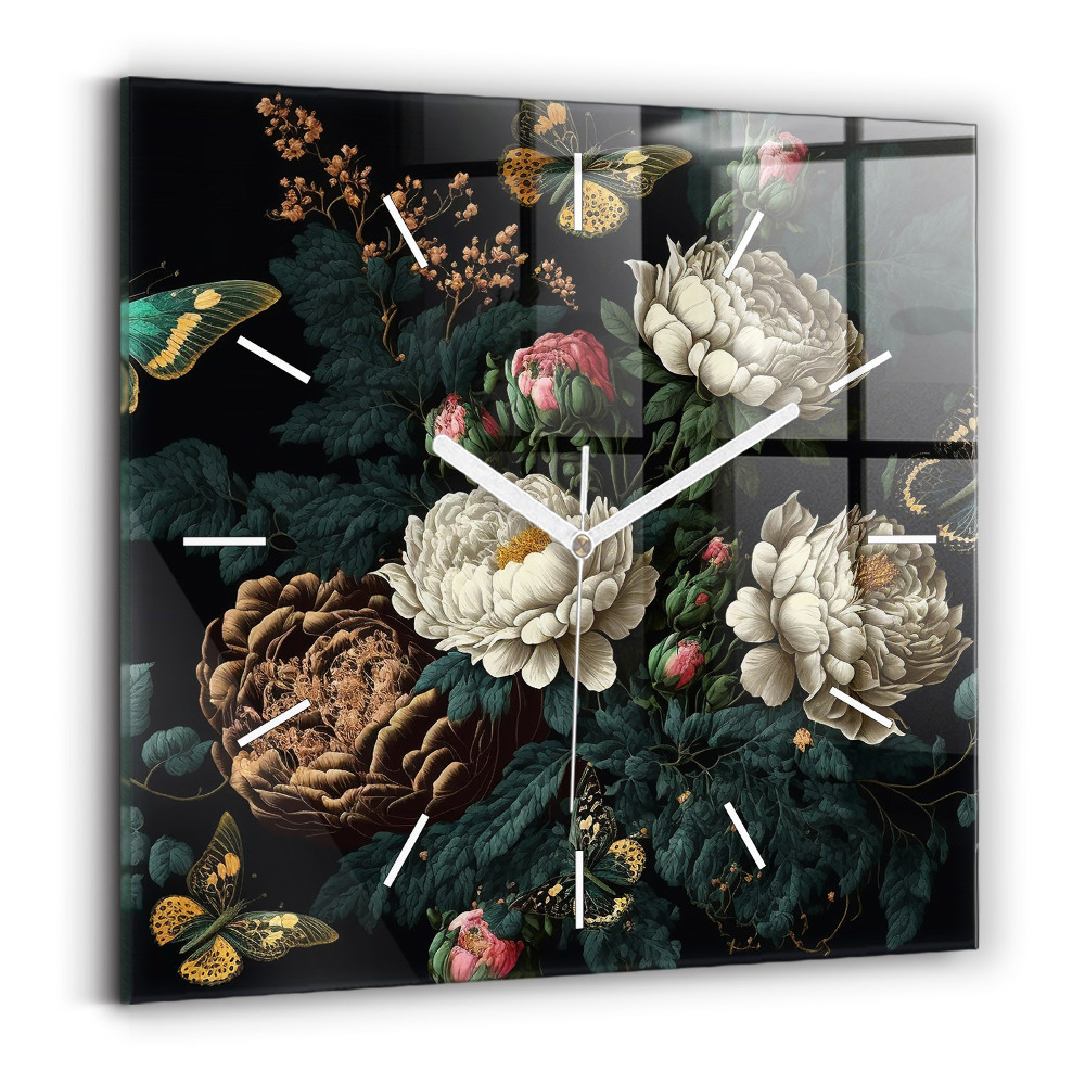Szögletes fali üvegóra 30x30 Virág és arany pillangók