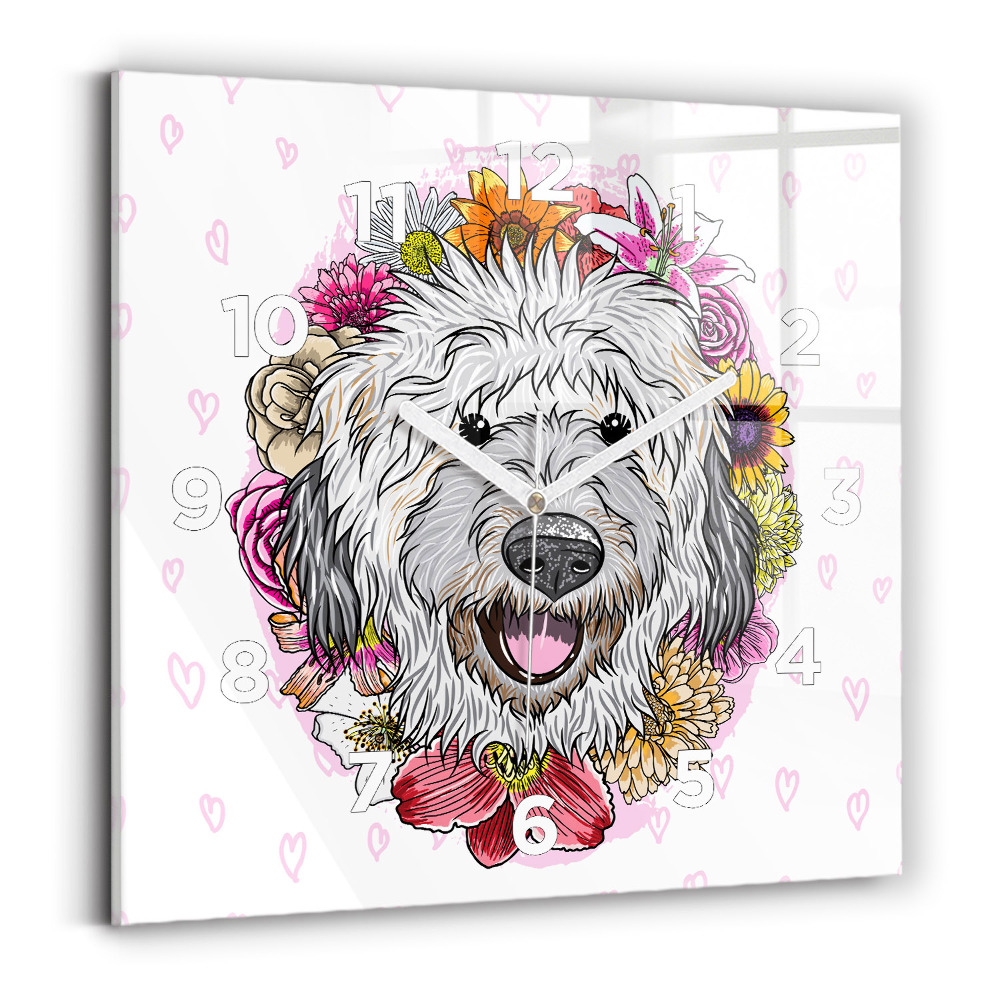 Szögletes üvegóra 30x30 Boldog kutya virágokban