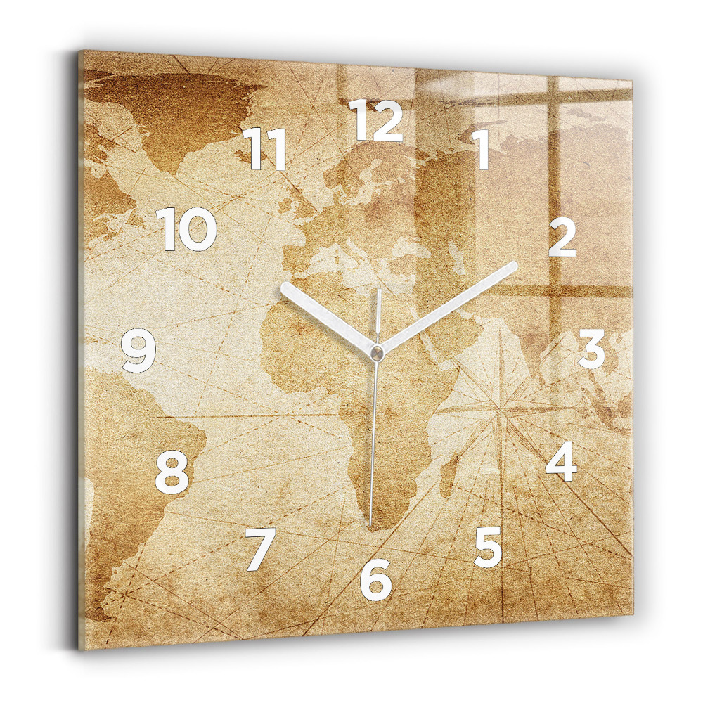 Négyzetes üvegóra 30x30 Vintage világtérkép