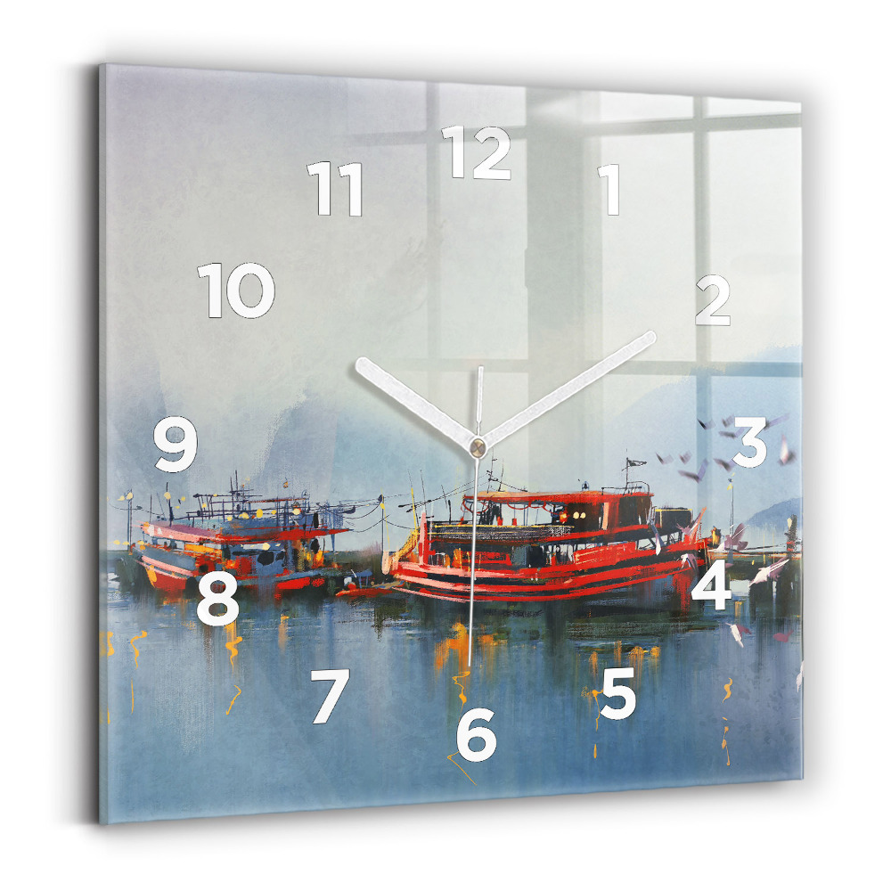 Négyzetes üvegóra 30x30 Horgászcsónak a kikötőben