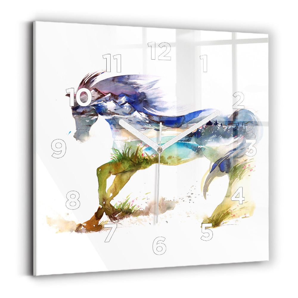 Szögletes üvegóra 30x30 Festett hegyek és ló