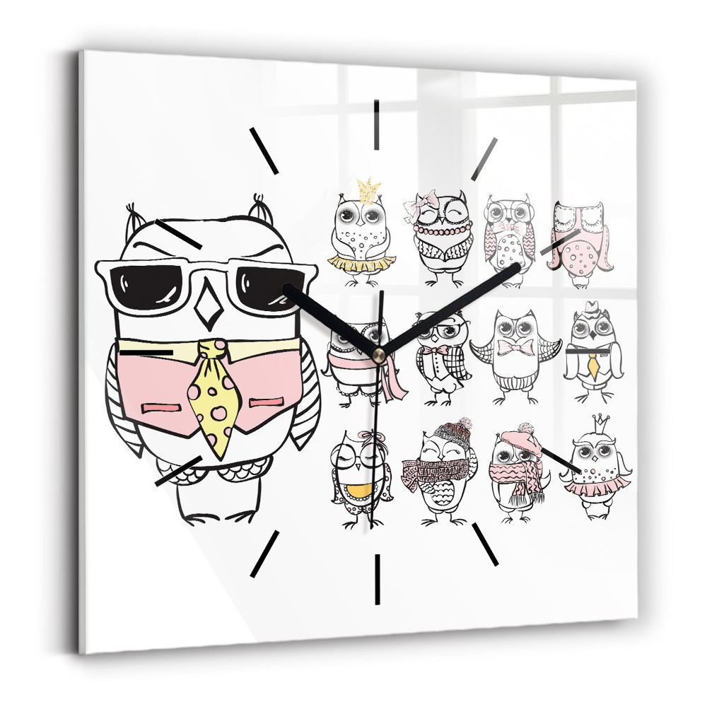 Négyzetes üvegóra 30x30 Vintage poszter baglyokkal