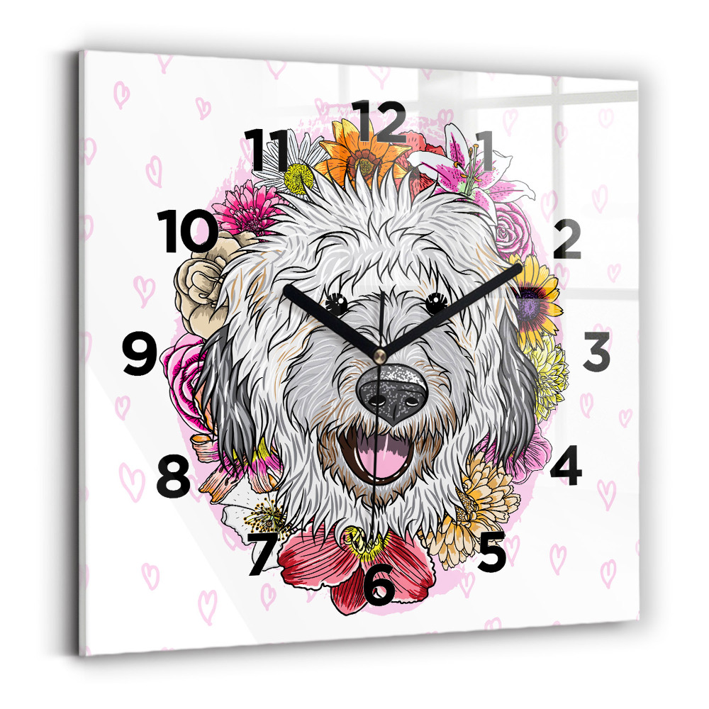 Szögletes üvegóra 30x30 Boldog kutya virágokban