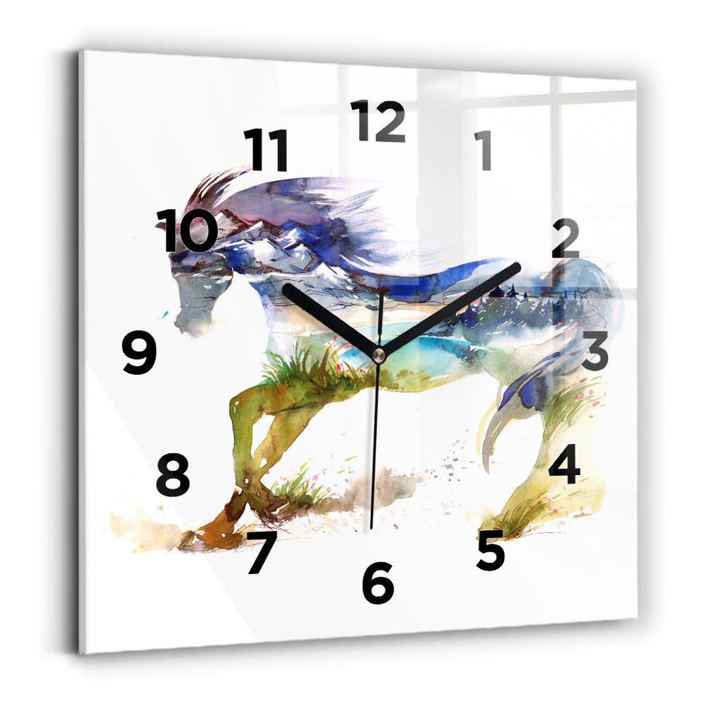 Szögletes üvegóra 30x30 Festett hegyek és ló