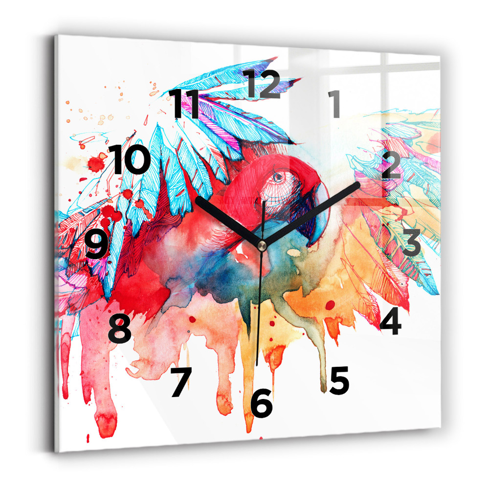Szögletes üvegóra 30x30 Színes piros papagáj