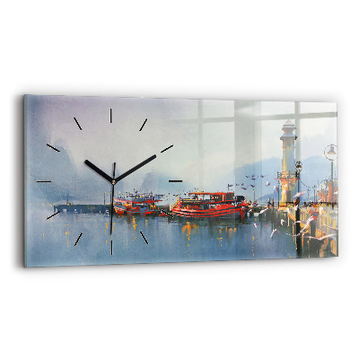 Négyszögletes üvegóra vízszintesen 60x30 Halászhajó a kikötőben