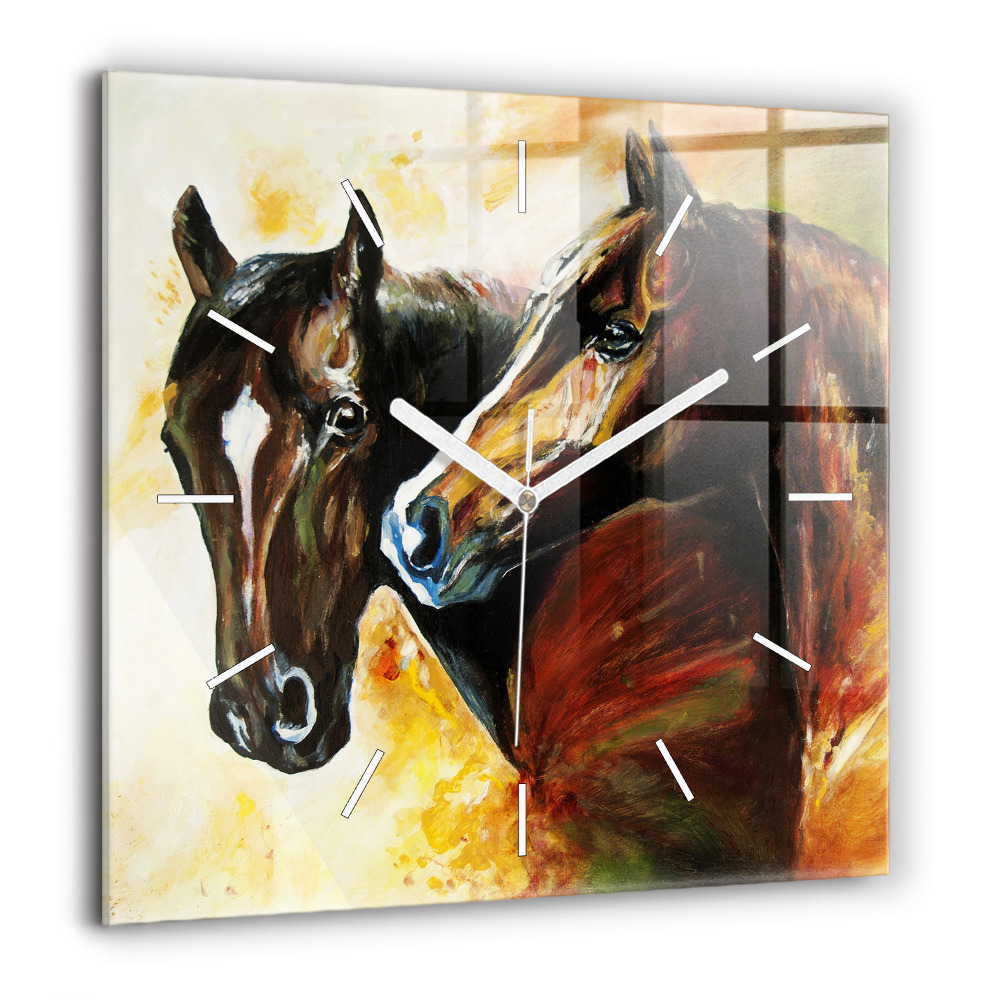 Négyzetes üvegóra 60x60 Festett két ló