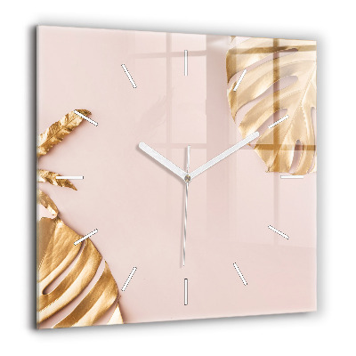 Négyzetes üvegóra 60x60 Arany trópusi levelek