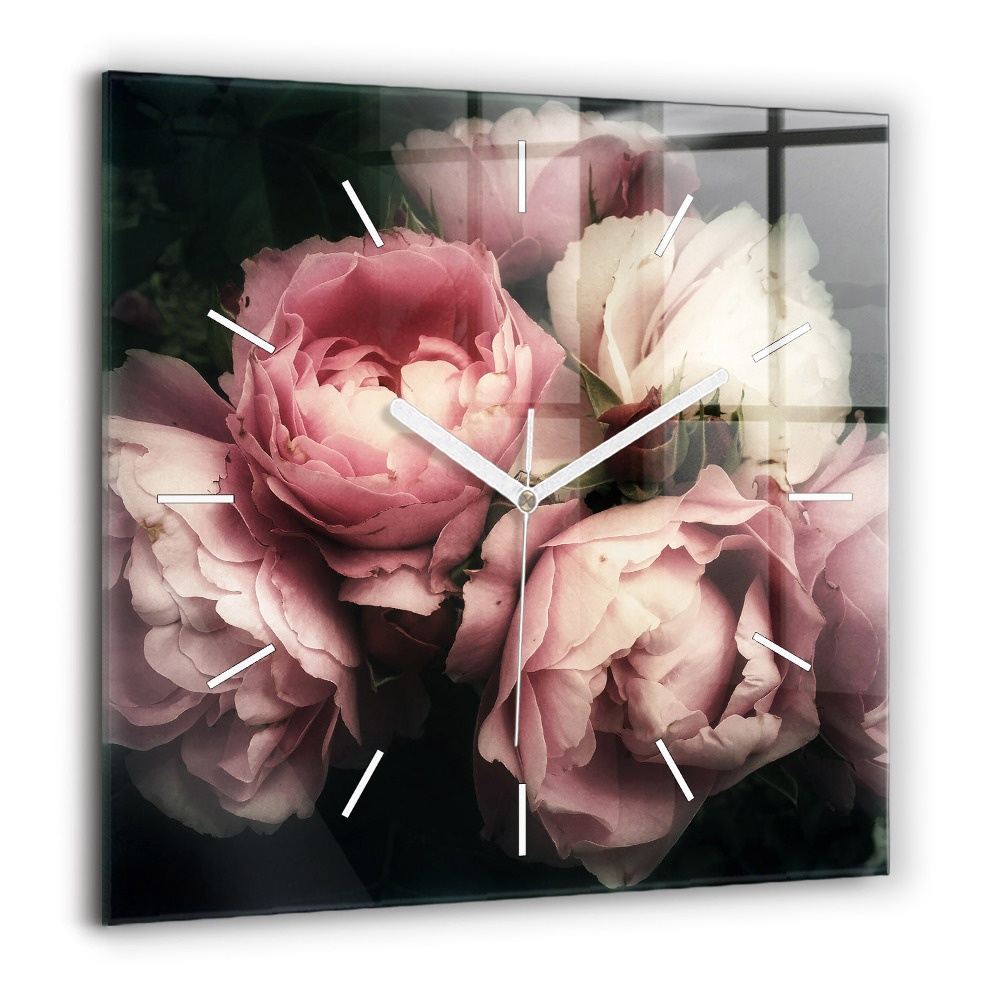 Négyzetes üvegóra 60x60 Rózsaszín rózsacsokor