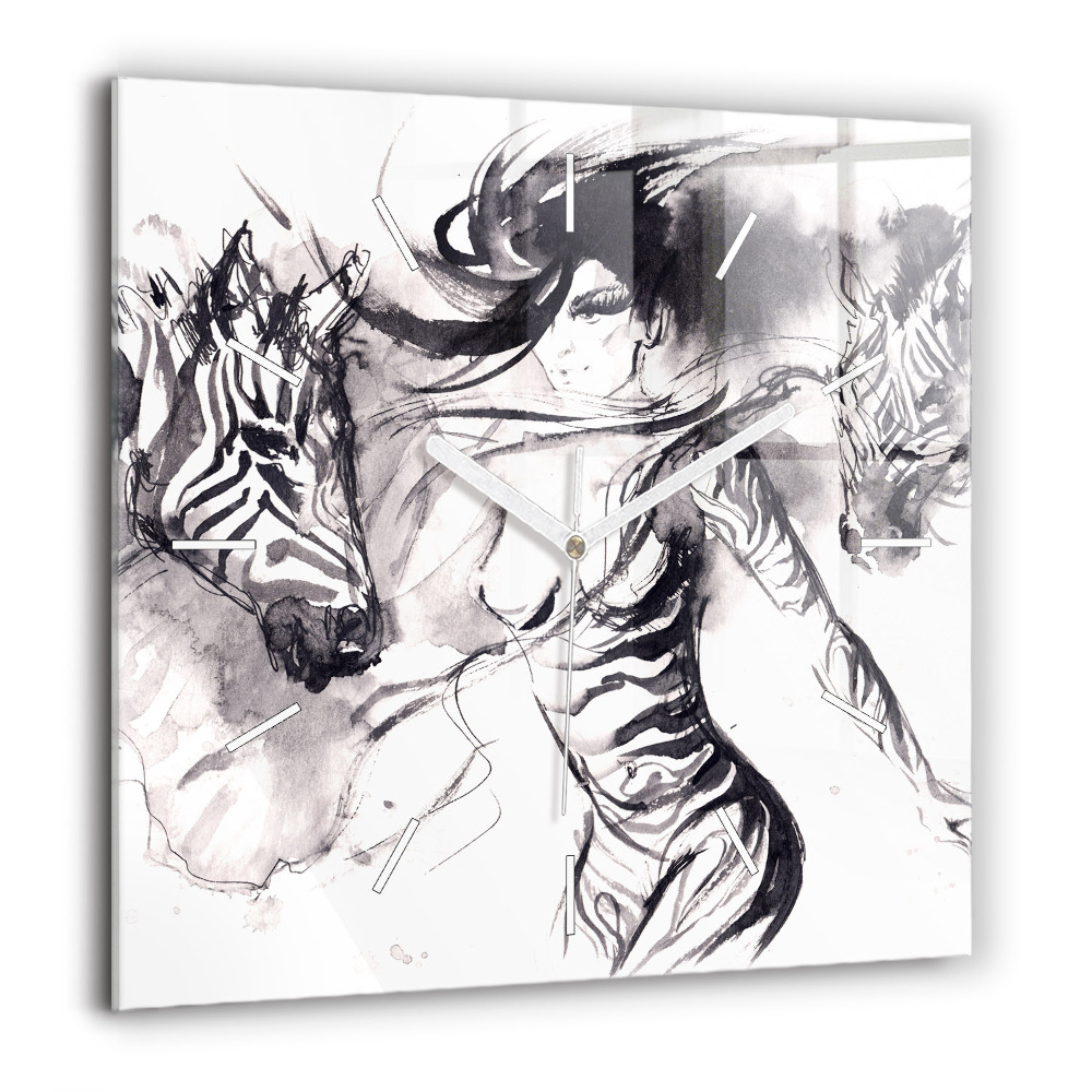 Szögletes üvegóra 60x60 Nő és zebrák