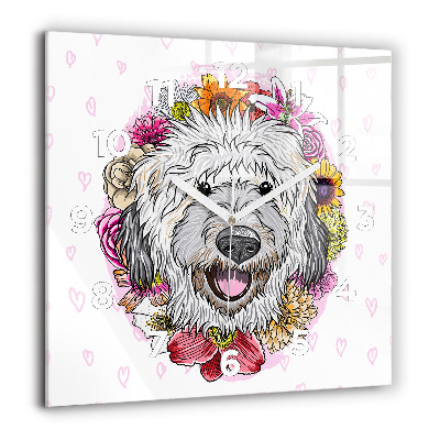 Szögletes üvegóra 60x60 Boldog kutya virágokban