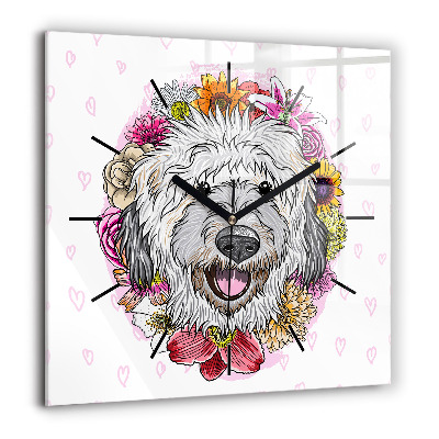 Szögletes üvegóra 60x60 Boldog kutya virágokban