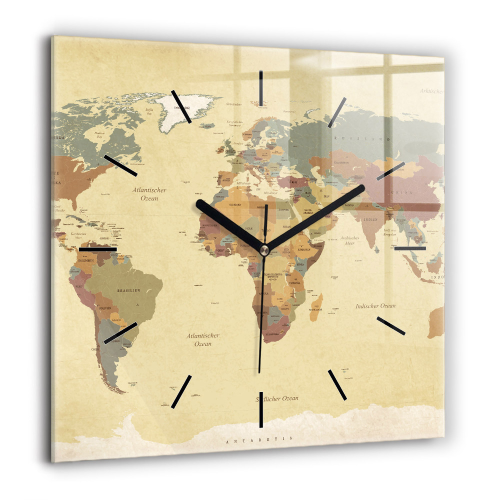 Négyzet alakú üvegóra 60x60 Vintage stílusú világtérkép