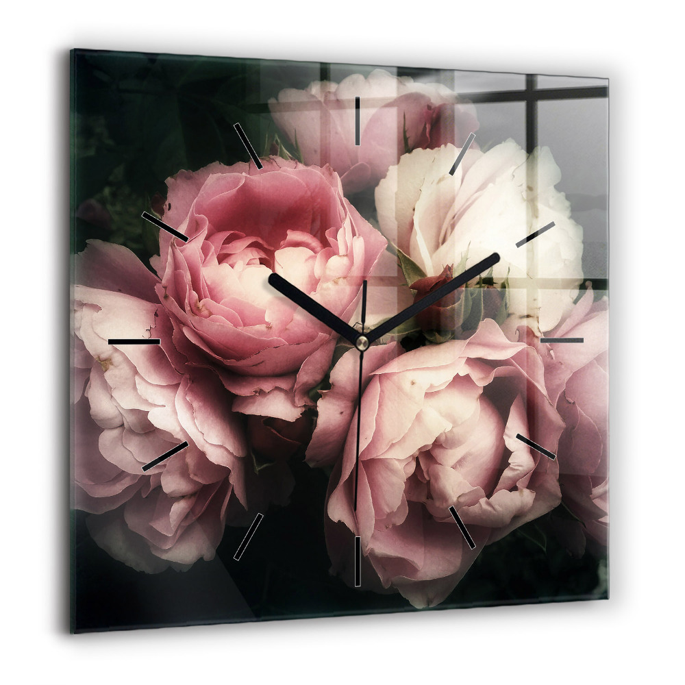 Négyzetes üvegóra 60x60 Rózsaszín rózsacsokor