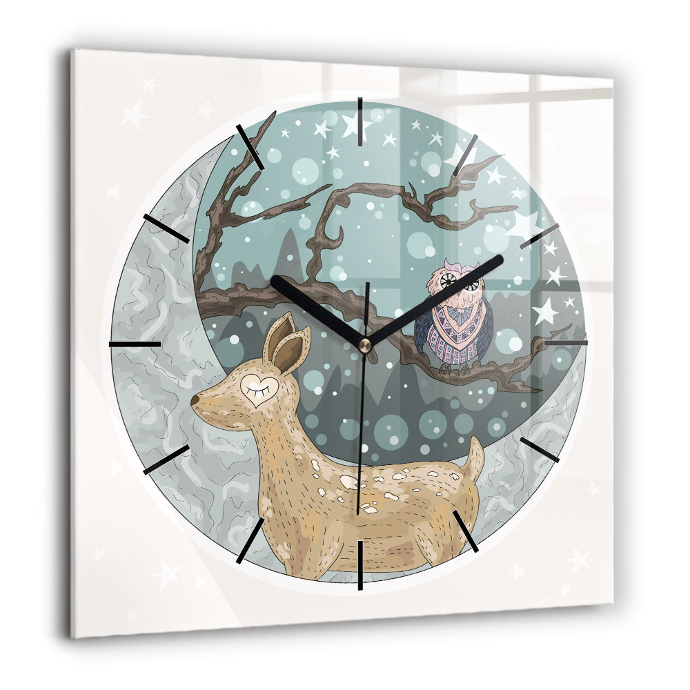 Négyzetes üvegóra 60x60 Éjszakai állatok és hold