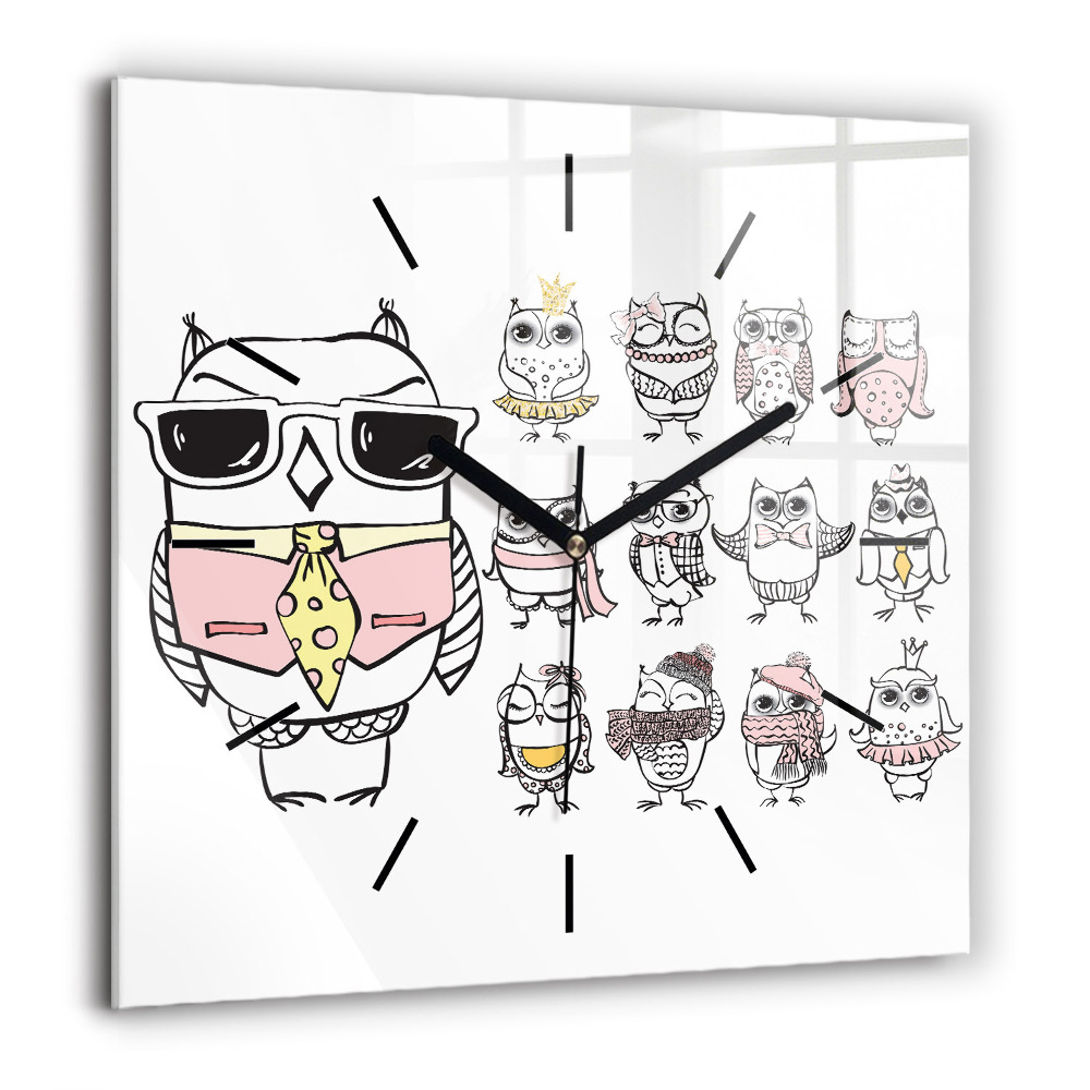 Szögletes üvegóra 60x60 Vintage poszter baglyokkal