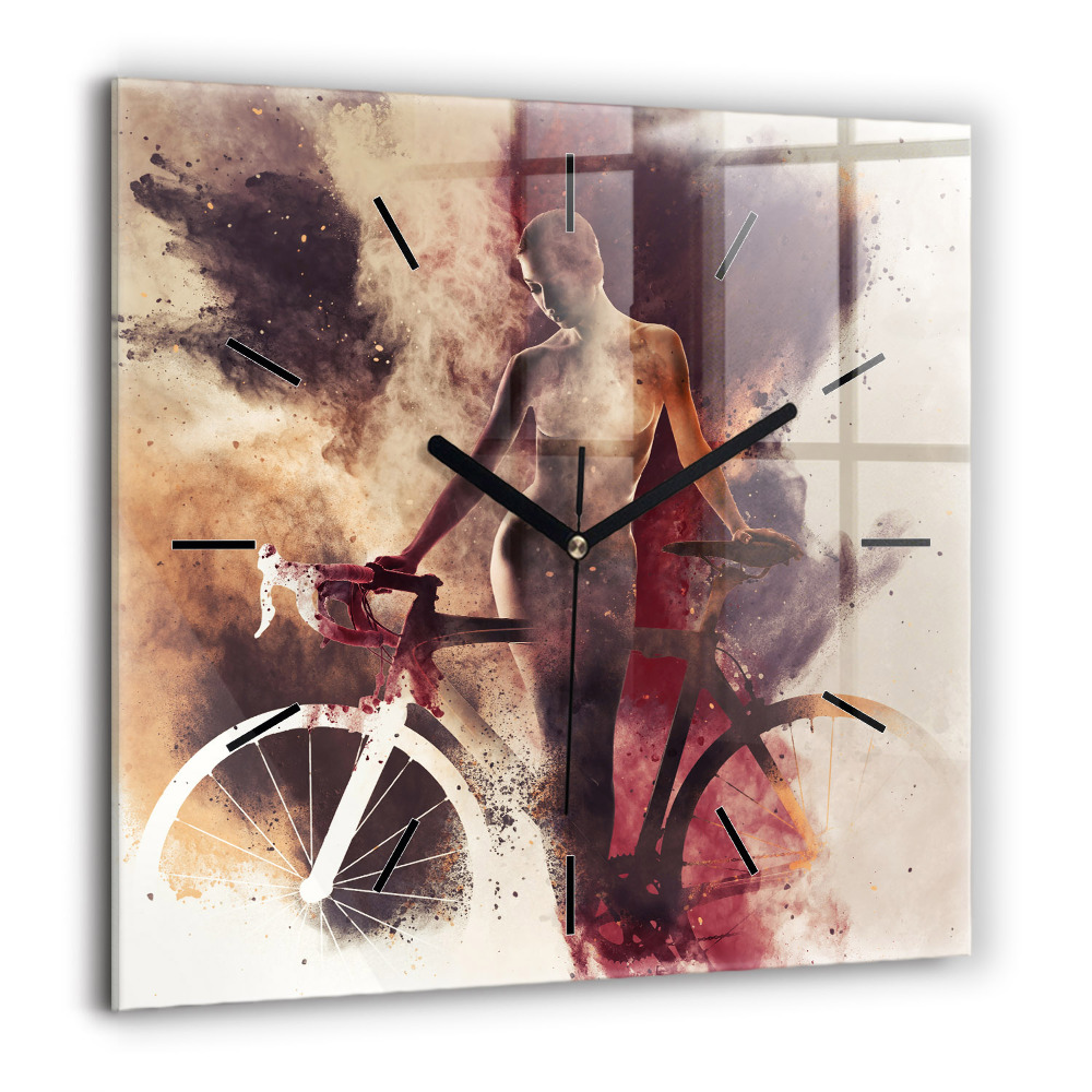 Szögletes üvegóra 60x60 Nő és kerékpár