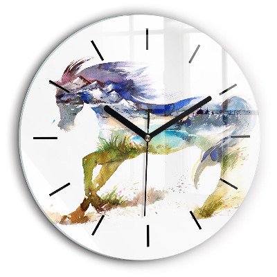 Egyedi üvegóra kerek 60cm Festett hegyek és ló